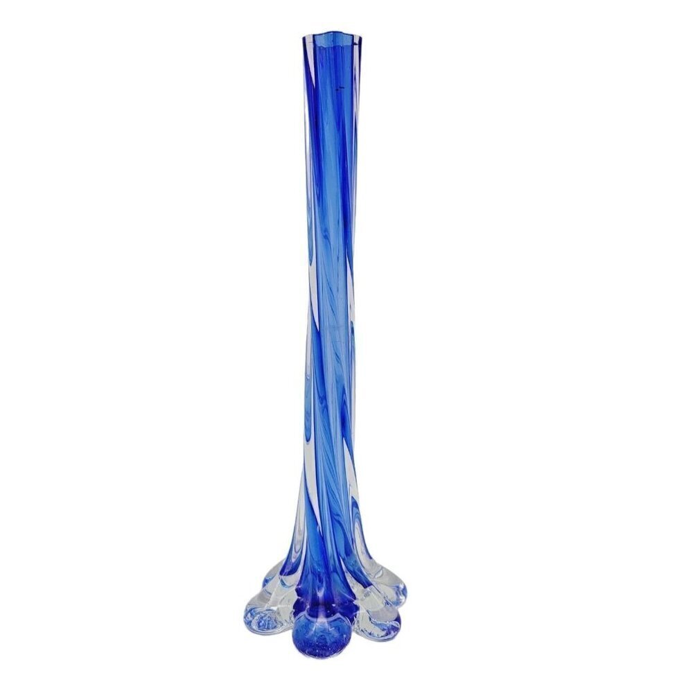 Vintage Cobalt Blue Encased Twisted Blue Art Glass Vase Elephant Foot Base 11.5" - Picture 1 of 7